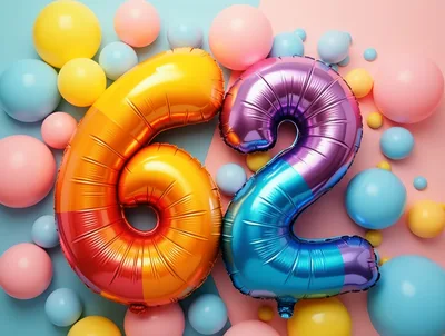 Number 62 Foil Balloons on Pastel Background
