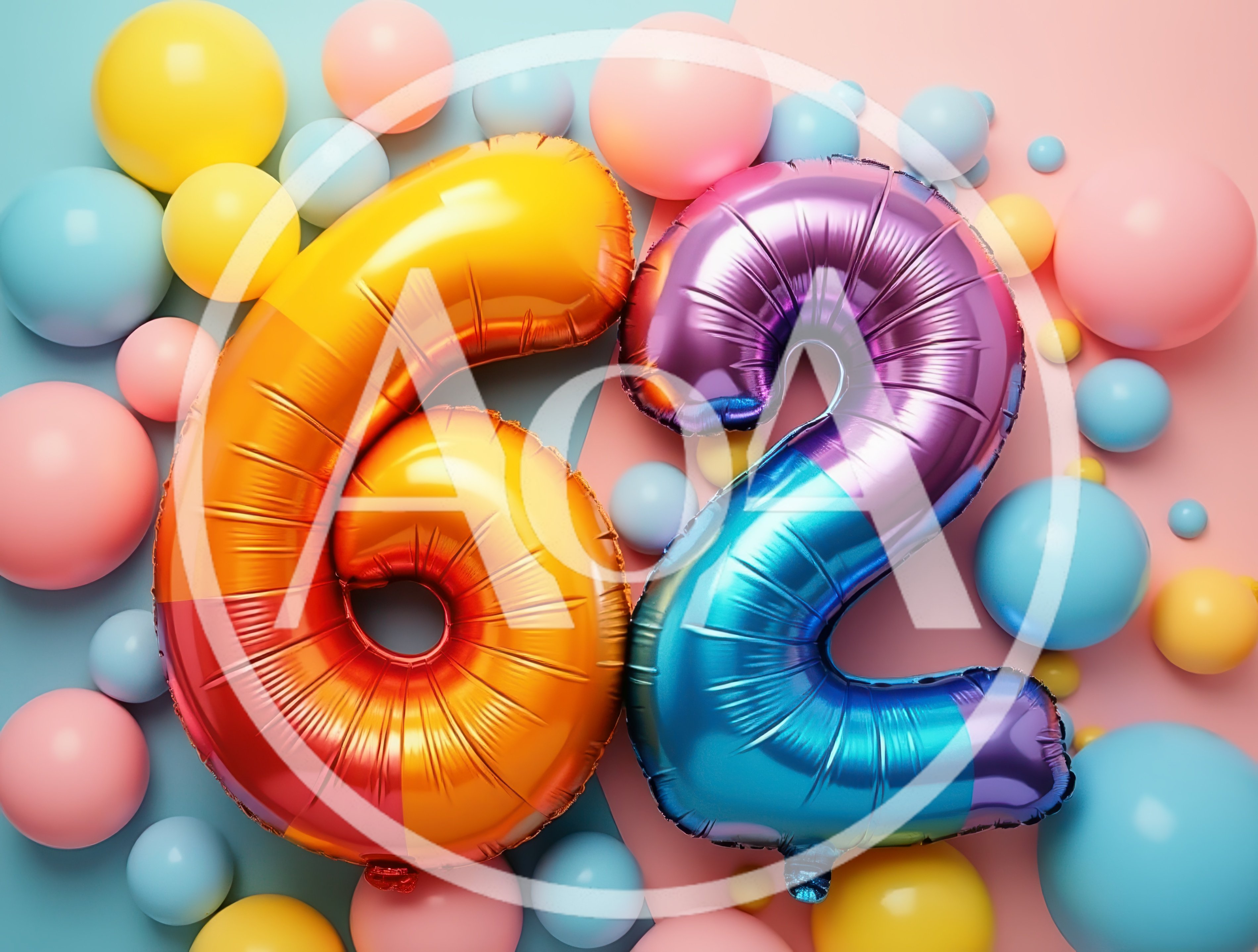 Number 62 Foil Balloons on Pastel Background