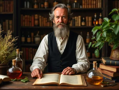 Elderly Apothecary Reading Ancient Book In Library