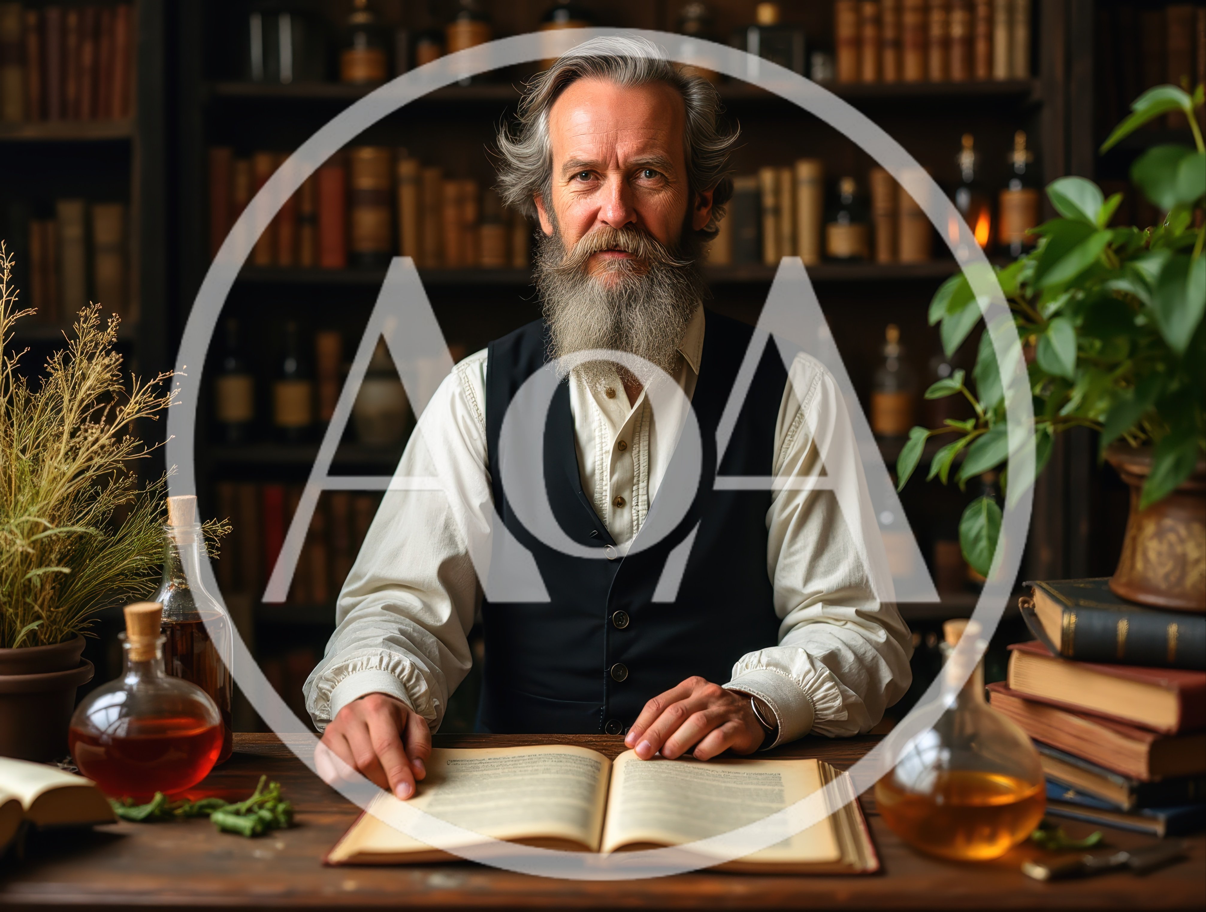Elderly Apothecary Reading Ancient Book In Library