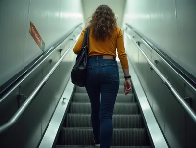 Woman With Curly Hair Riding Up An Escalator