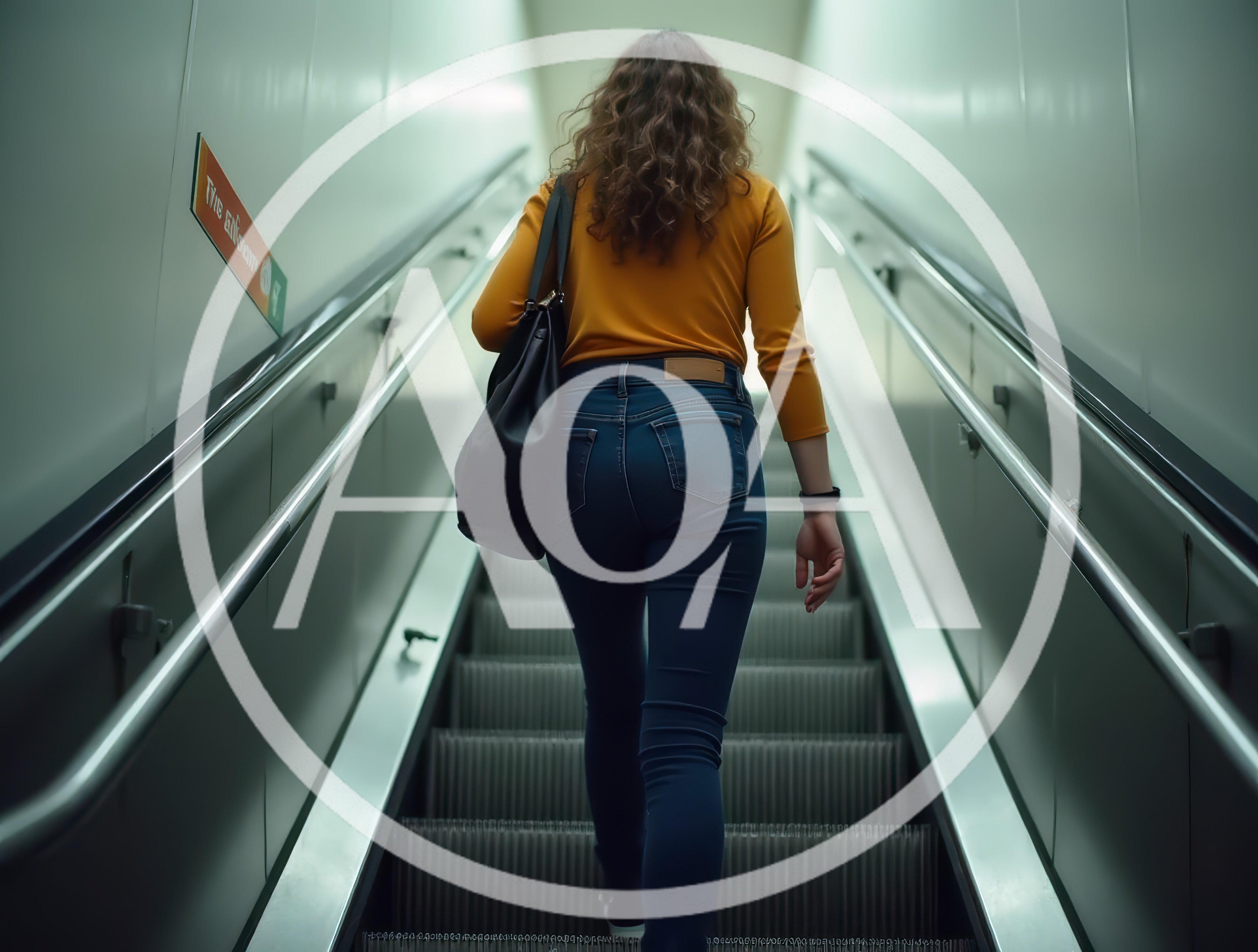 Woman With Curly Hair Riding Up An Escalator