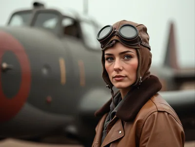 Female Aviator Standing Before Vintage Military Aircraft