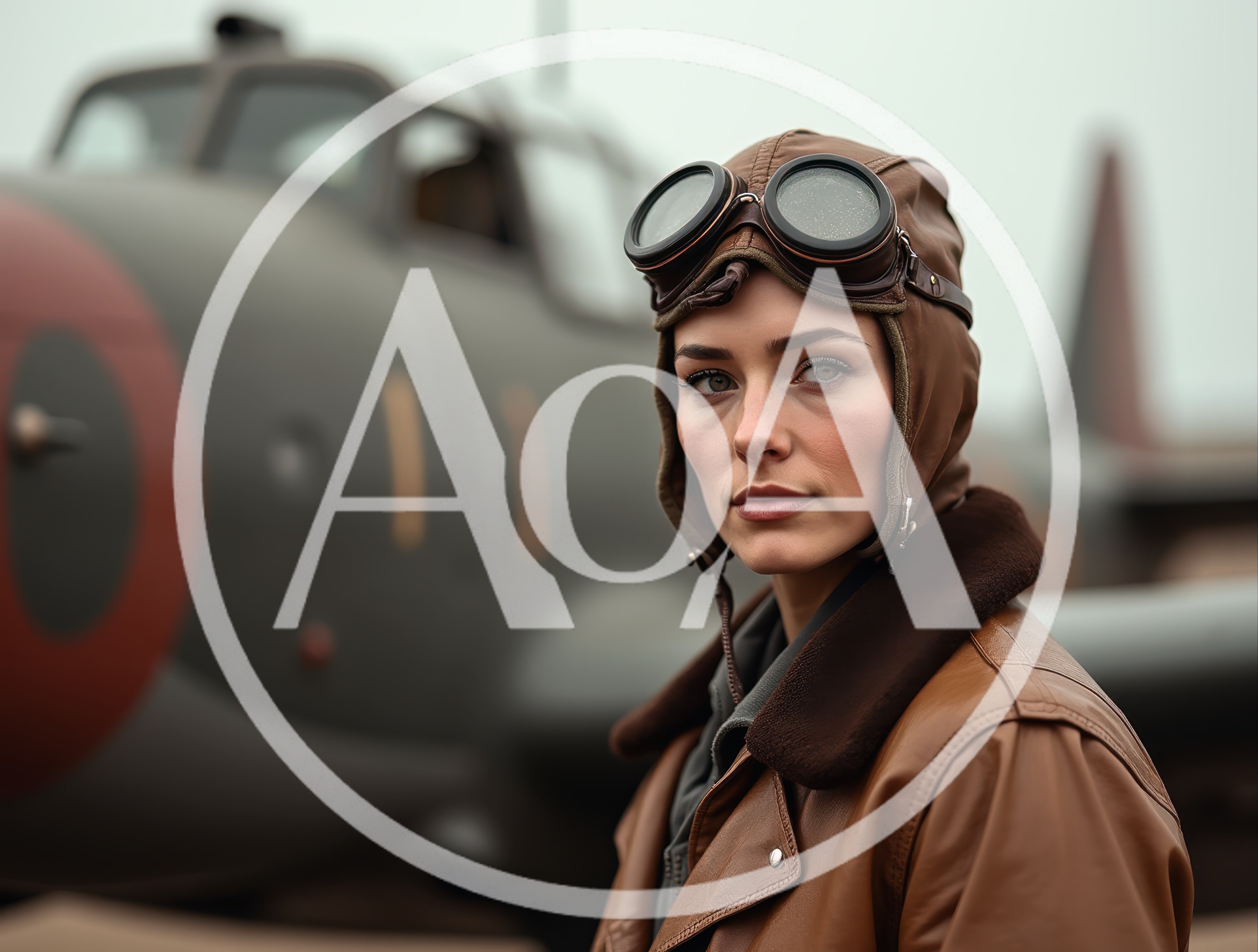 Female Aviator Standing Before Vintage Military Aircraft