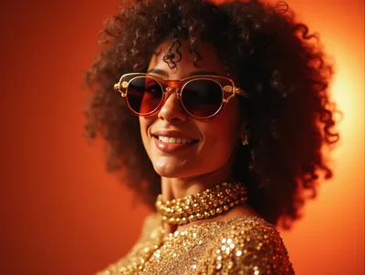 Stylish Woman With Curly Hair Wearing Gold Sequin Outfit