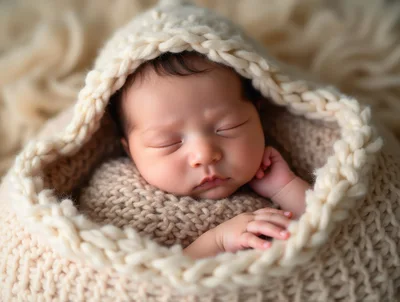 Newborn Baby Sleeping Wrapped In A Chunky Knit Blanket