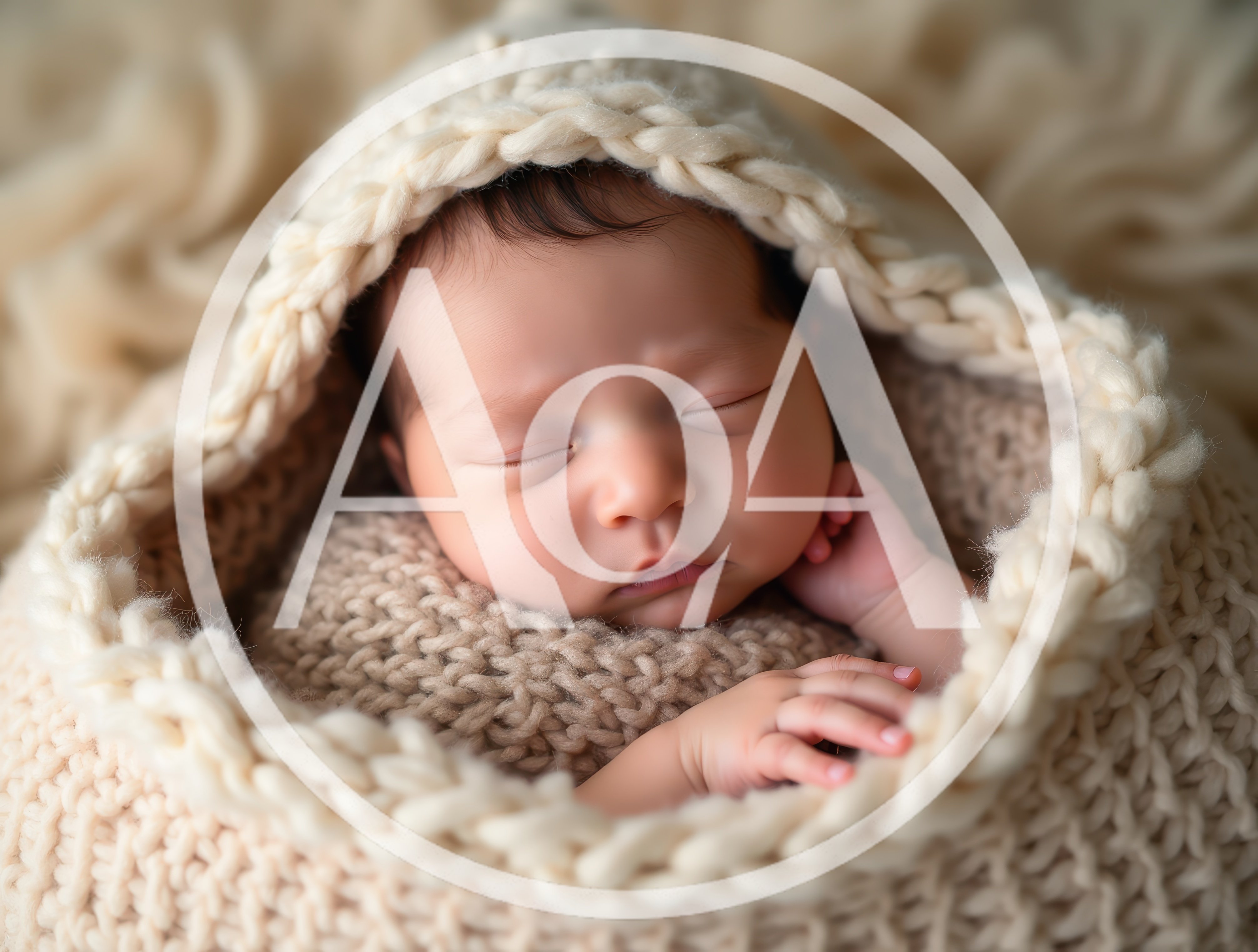Newborn Baby Sleeping Wrapped In A Chunky Knit Blanket