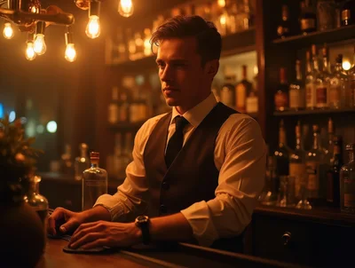 Professional Bartender Working In A Dimly Lit Bar