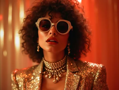 Glamorous Woman With Curly Hair Wearing Gold Sequined Blazer