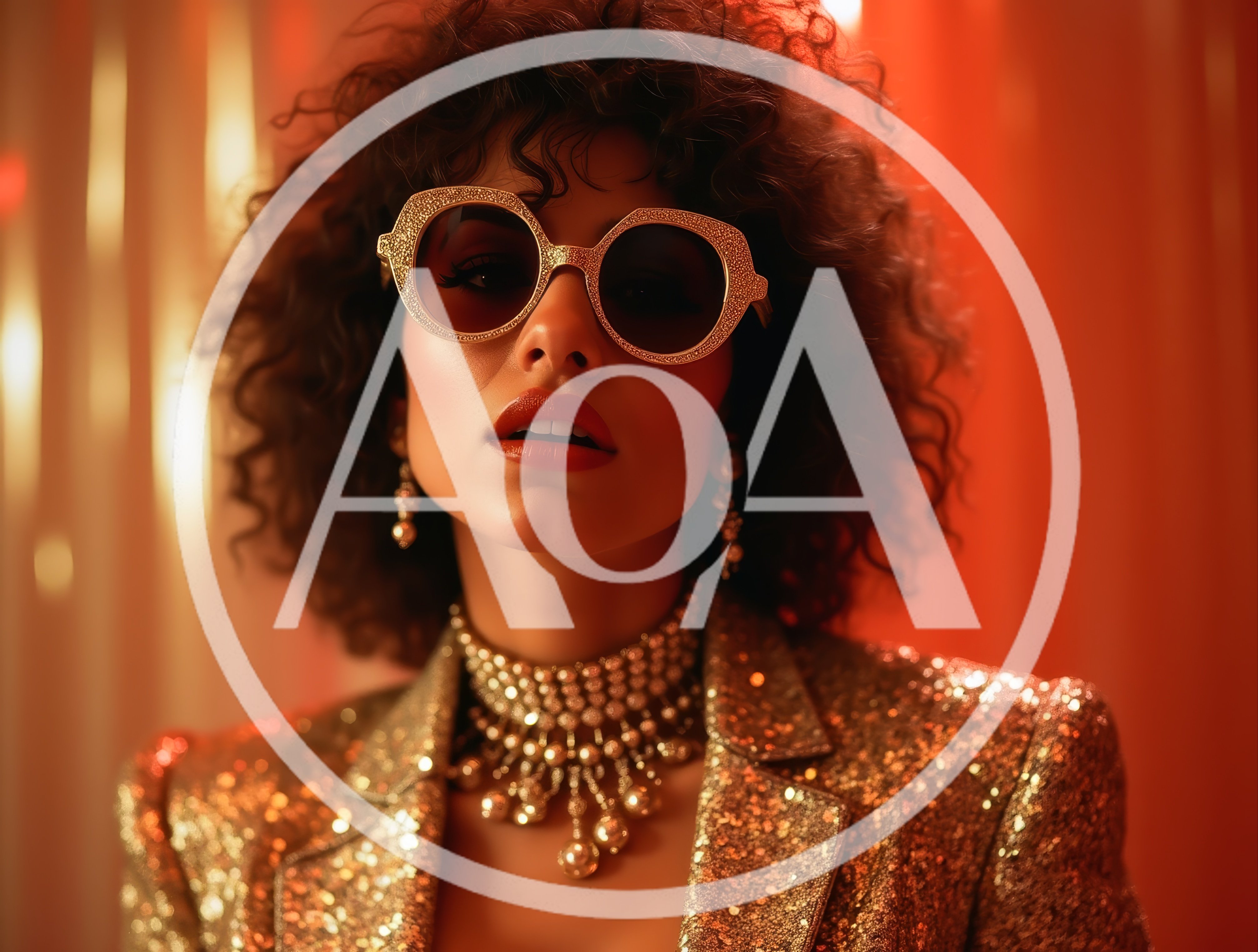 Glamorous Woman With Curly Hair Wearing Gold Sequined Blazer
