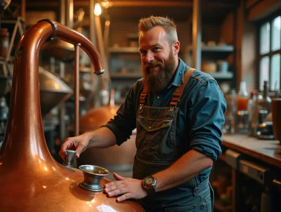Artisan Distiller Operating Copper Still In Craft Distillery