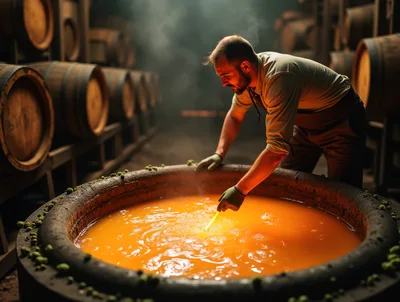 Artisan Brewer Stirring Fermenting Beer in Large Vat