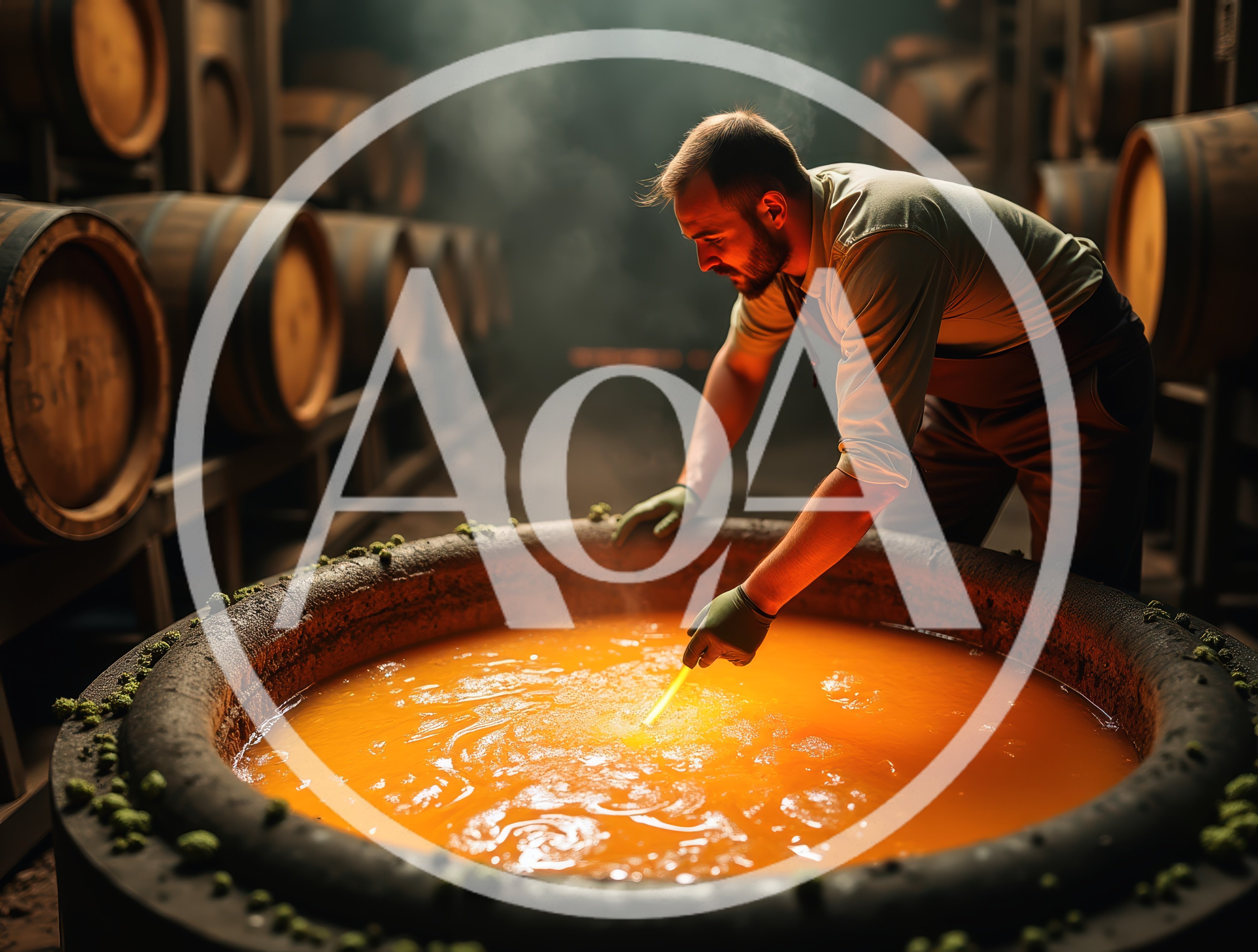 Artisan Brewer Stirring Fermenting Beer in Large Vat