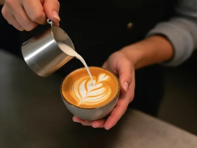 Barista Pouring Steamed Milk Into Latte Art