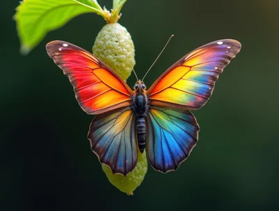 Vibrant Rainbow Butterfly Perched On A Green Bud