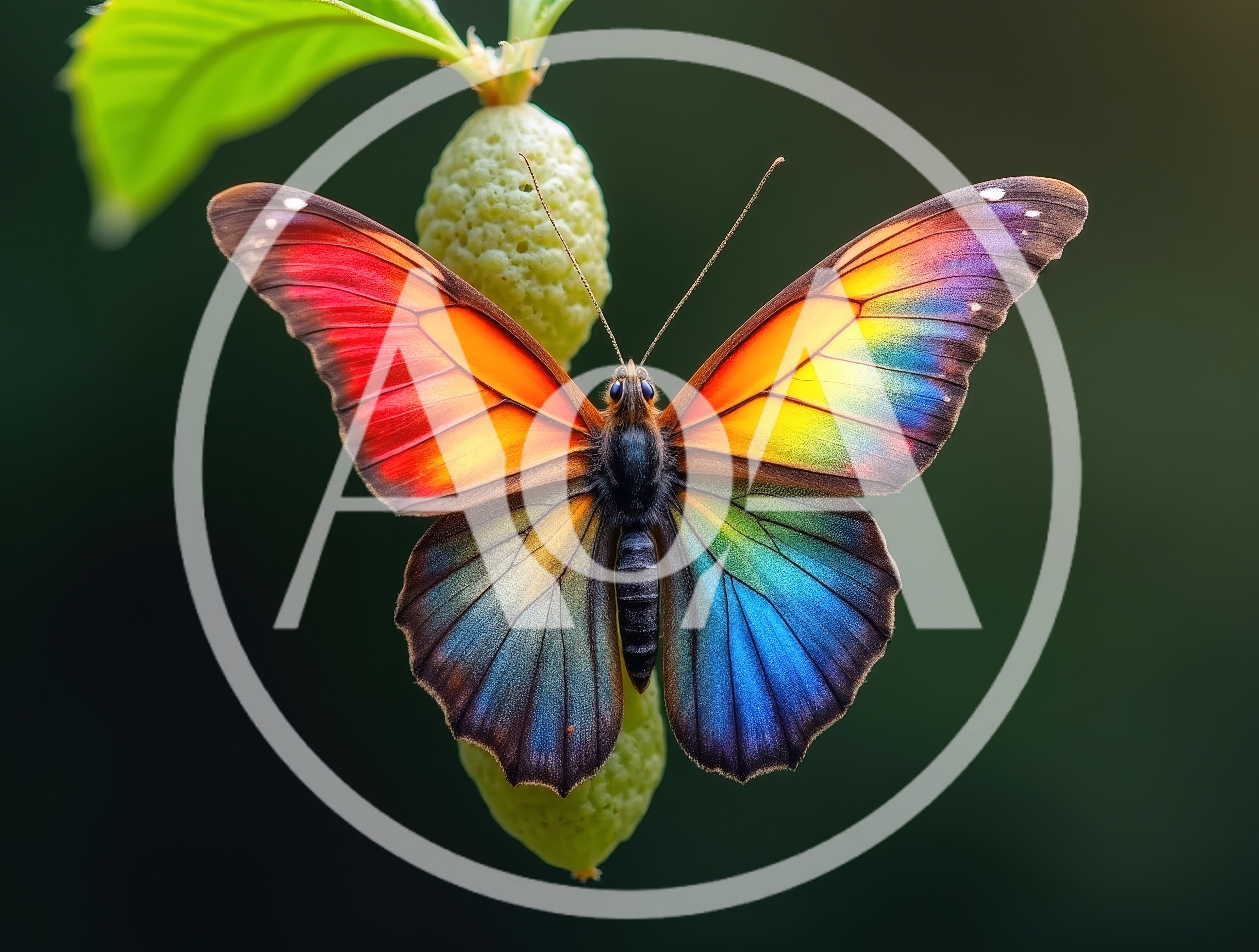 Vibrant Rainbow Butterfly Perched On A Green Bud