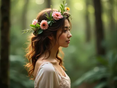Young Woman Wearing Floral Crown In Enchanted Forest