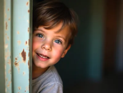 Young Boy Peeking From Behind A Doorway
