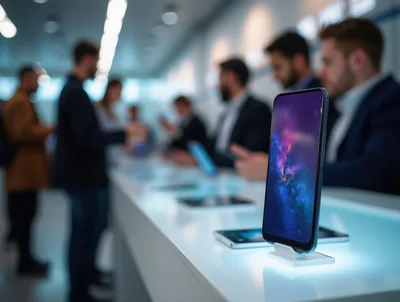 Smartphone Displaying Galaxy Wallpaper In A Modern Electronics Store