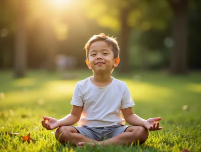 Young Boy Meditating In A Sunny Park
