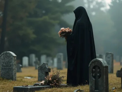 Person In Black Cloak Holding Flowers At Cemetery