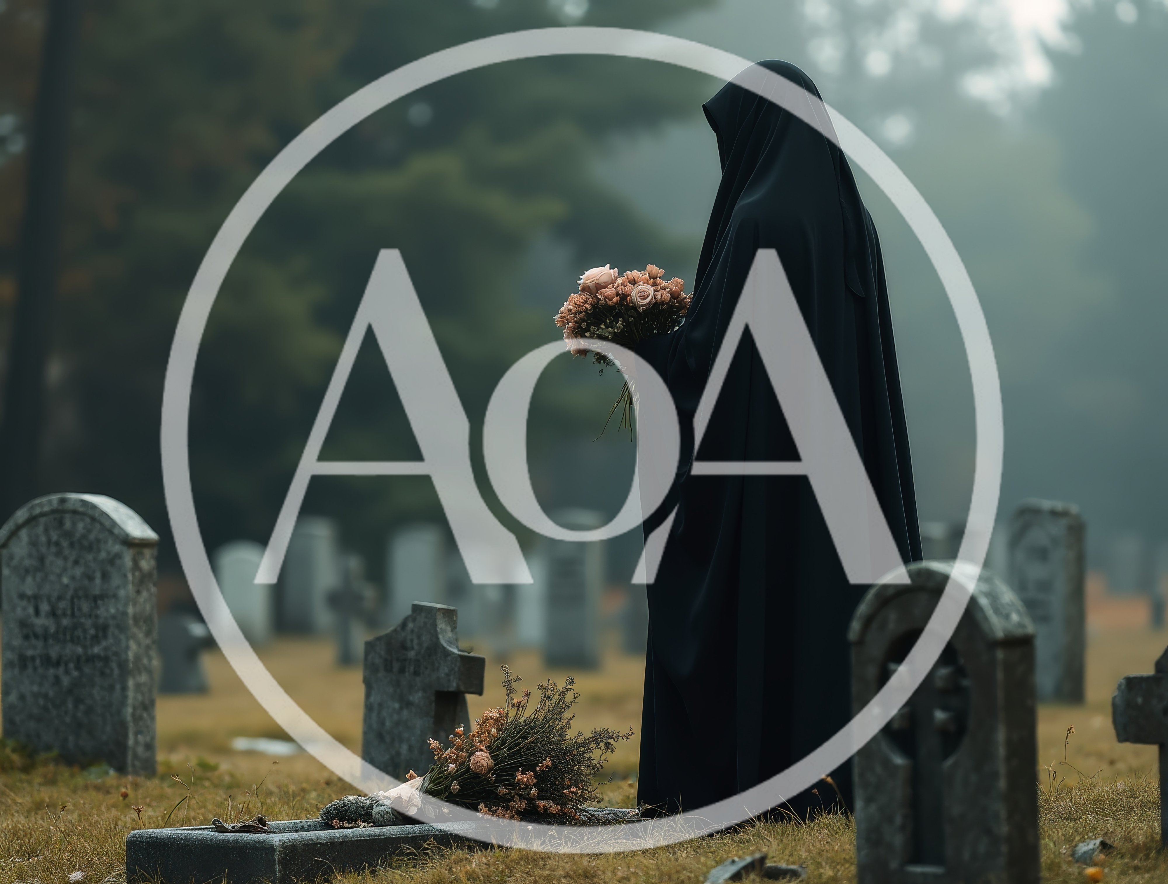 Person In Black Cloak Holding Flowers At Cemetery