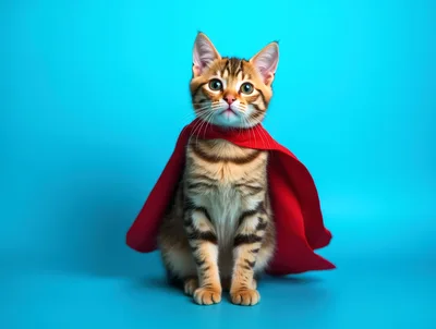 Cute Tabby Kitten Wearing A Red Superhero Cape