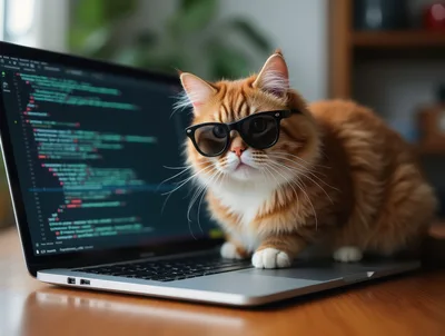 Ginger Cat Wearing Glasses Working On A Laptop