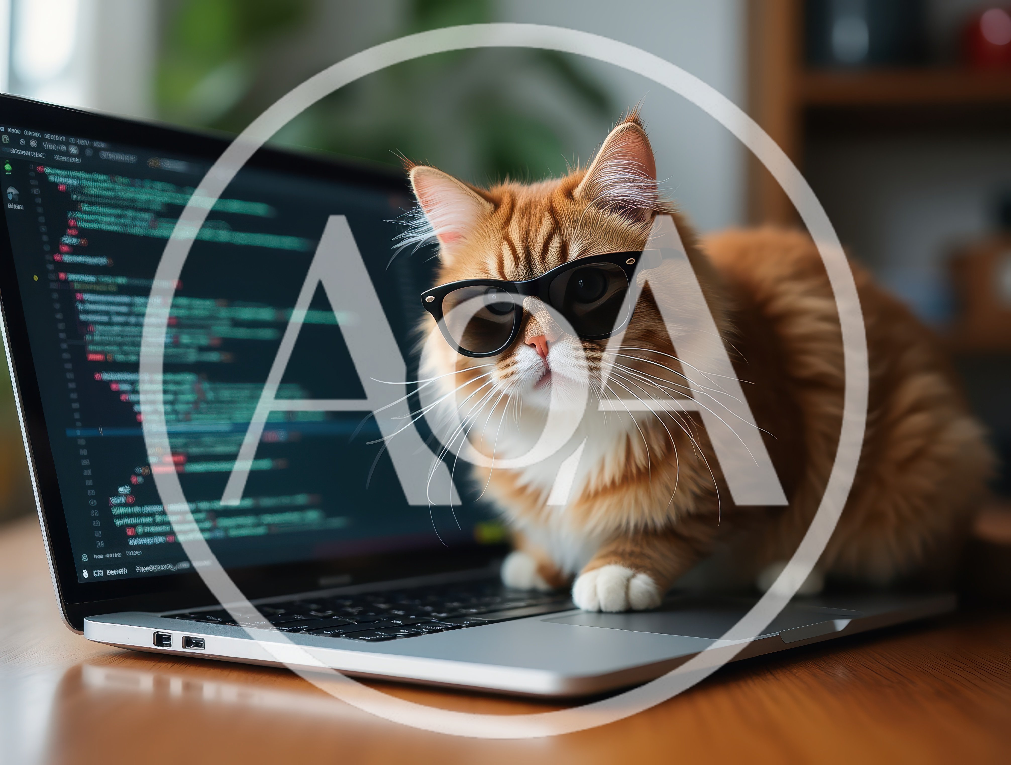 Ginger Cat Wearing Glasses Working On A Laptop