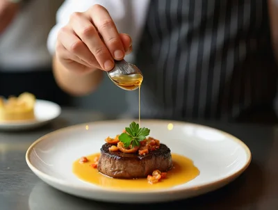 Chef Drizzling Sauce Over A Gourmet Steak Dish