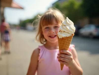 Smiling girl holding big ice cream cone on summer day