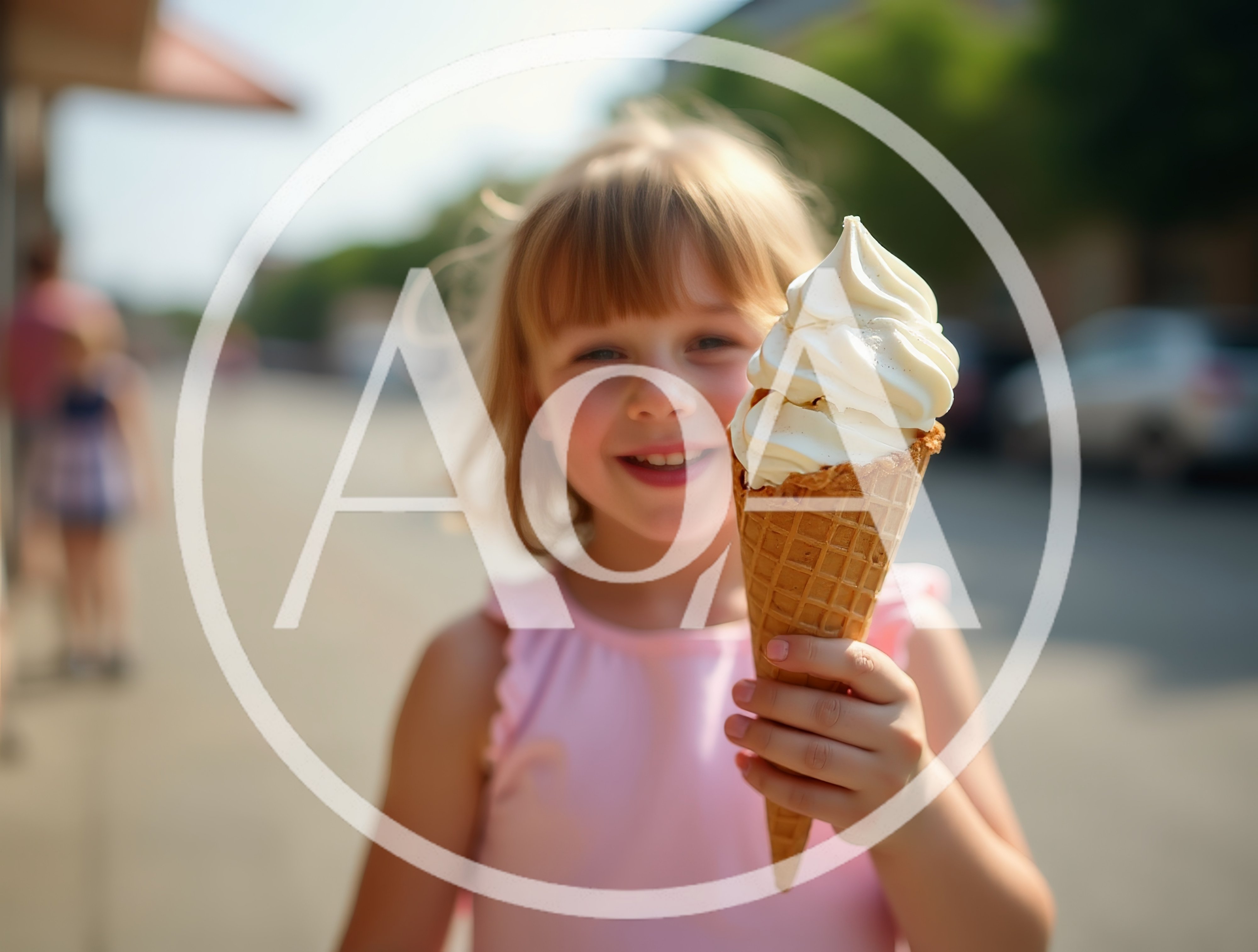 Smiling girl holding big ice cream cone on summer day