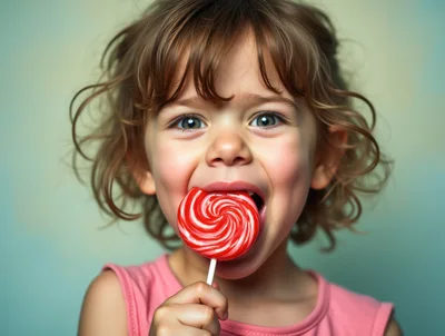 Young Girl Enjoying A Red Swirl Lollipop