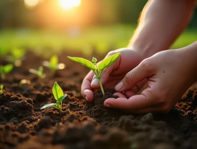 Hands Planting A Small Green Seedling In Soil