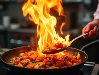 Chef Stir Frying Vegetables With High Flames