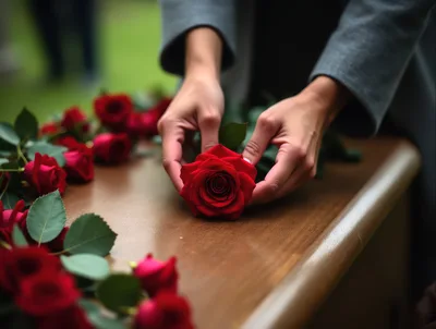 Person Placing A Red Rose On A Casket