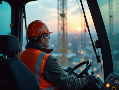 Construction Crane Operator Looking Out Over City Sunset