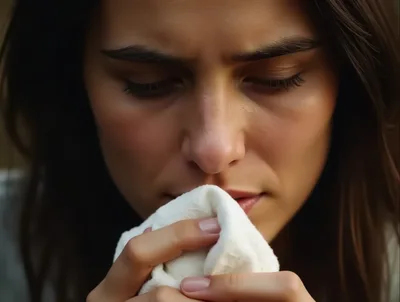 Close Up Of A Woman Crying Into A Tissue
