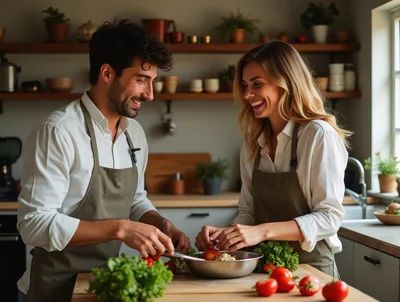 Happy Couple Preparing Fresh Salad In Kitchen