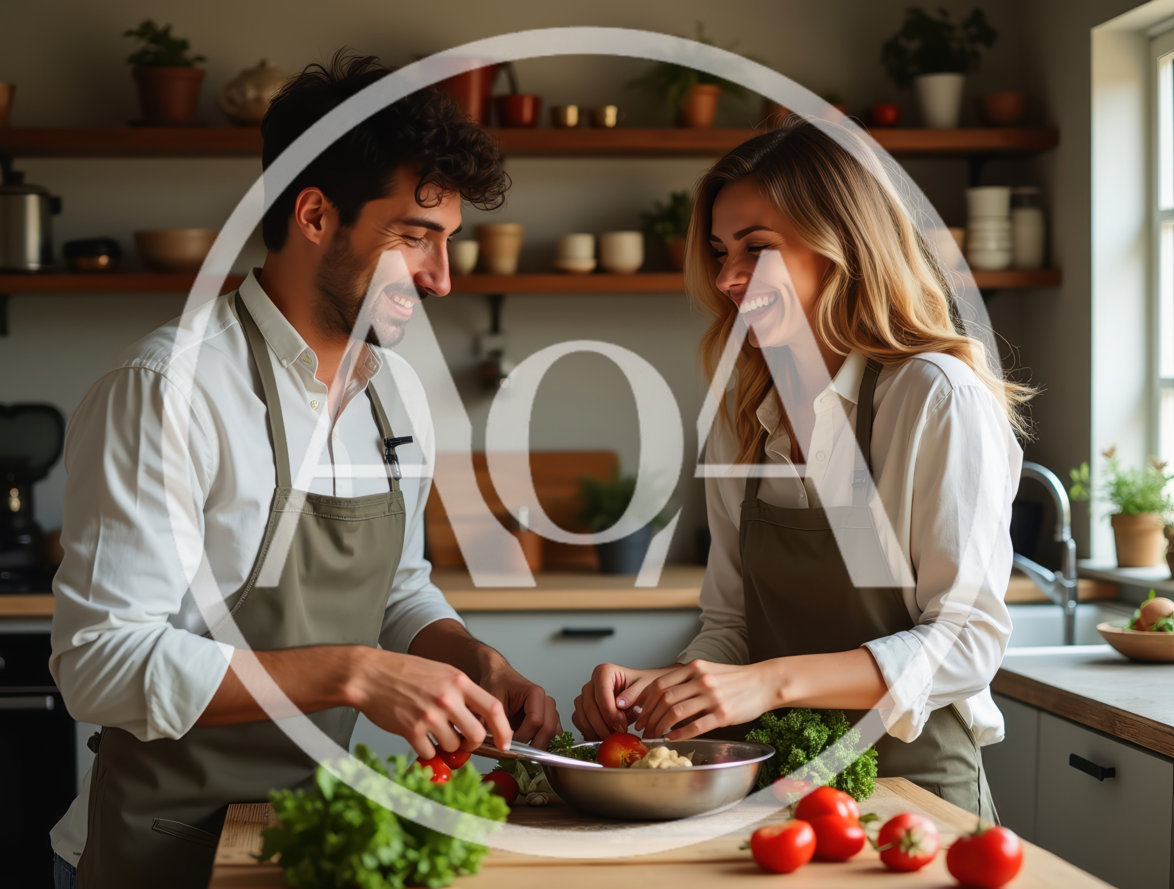 Happy Couple Preparing Fresh Salad In Kitchen