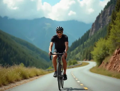 Professional Cyclist Riding Road Bike Through Mountain Pass