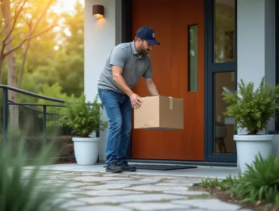 Delivery Driver Placing Cardboard Package On Front Porch