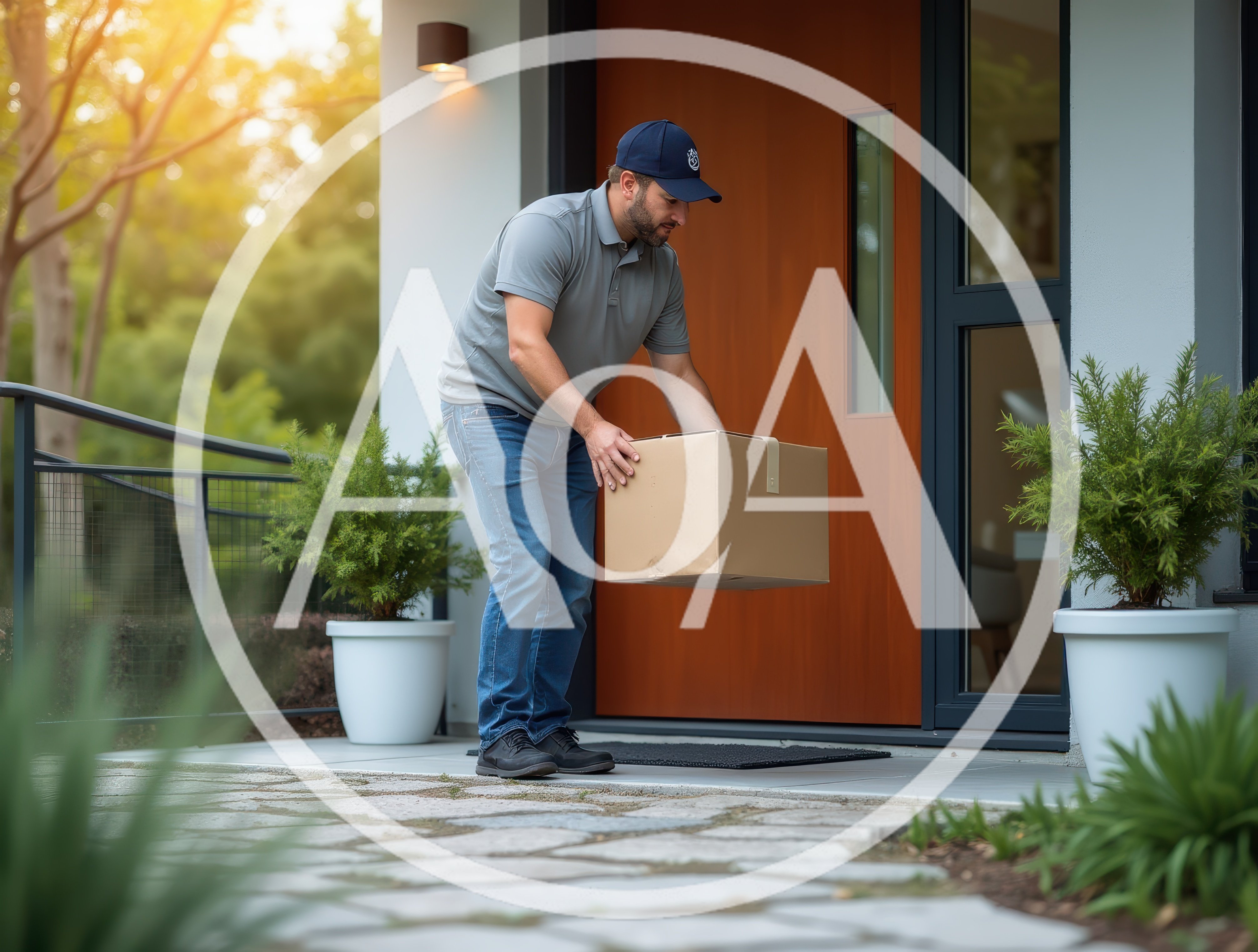 Delivery Driver Placing Cardboard Package On Front Porch