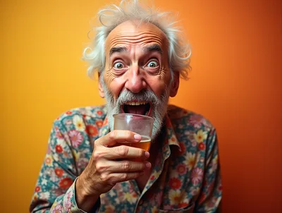 Excited Elderly Man Drinking From A Plastic Cup