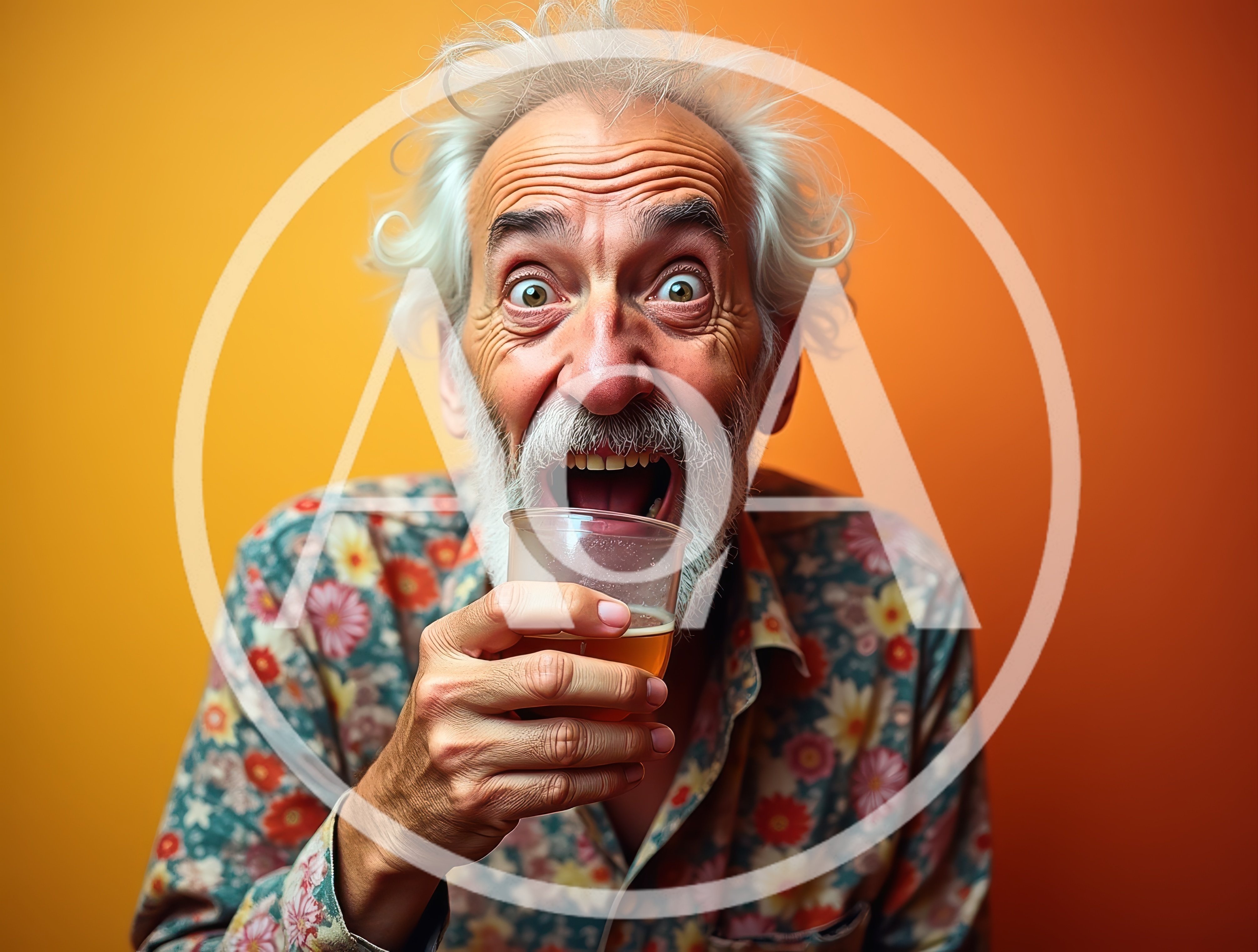 Excited Elderly Man Drinking From A Plastic Cup