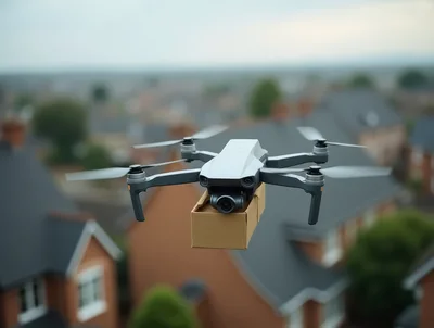 Delivery Drone Carrying Package Over Residential Neighborhood