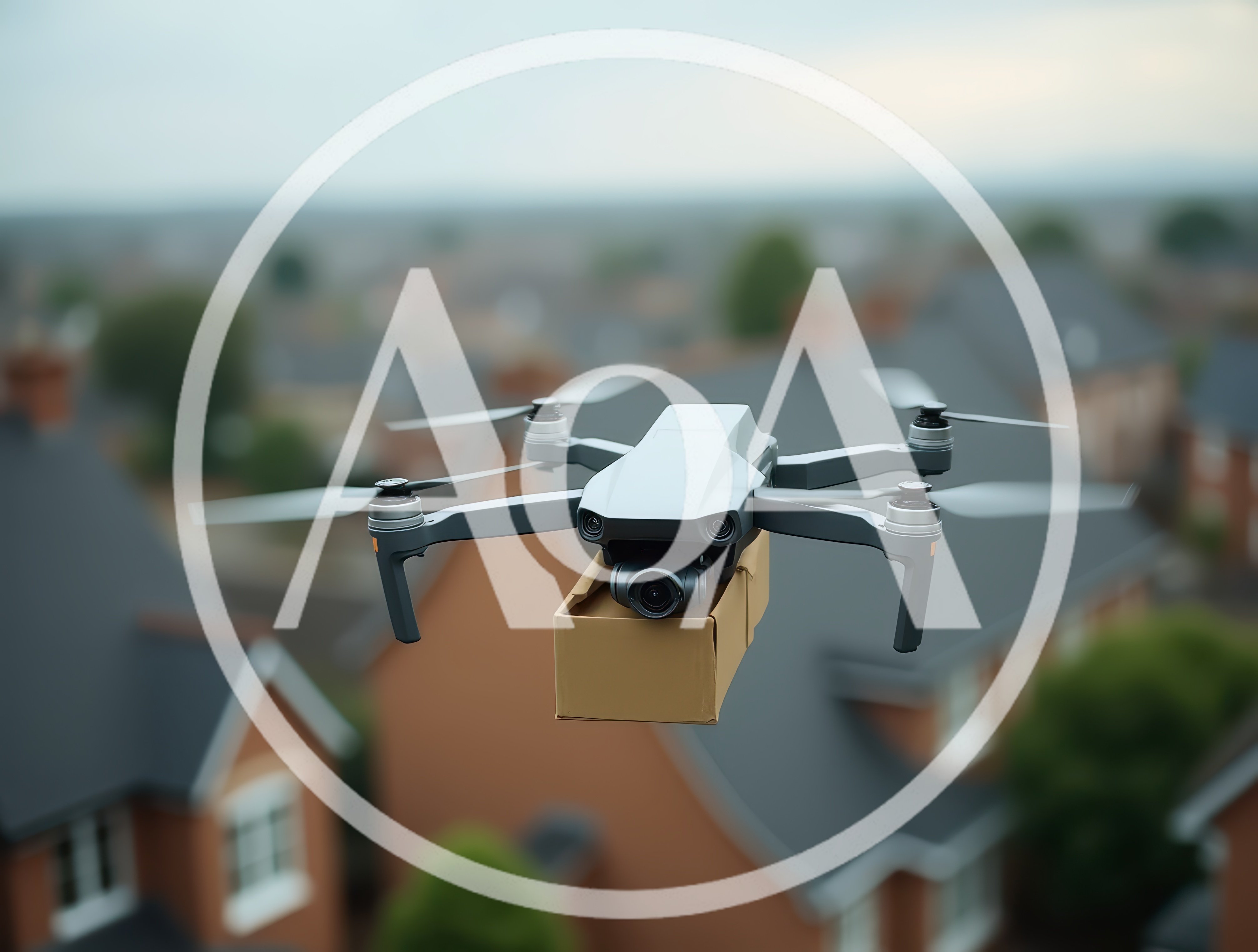 Delivery Drone Carrying Package Over Residential Neighborhood