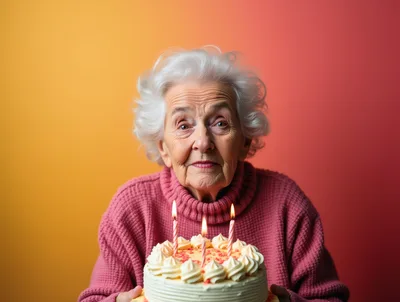 Elderly Woman Holding Birthday Cake With Lit Candles
