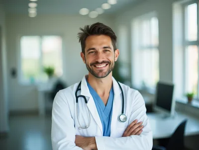 Smiling Male Doctor Standing In A Modern Medical Office