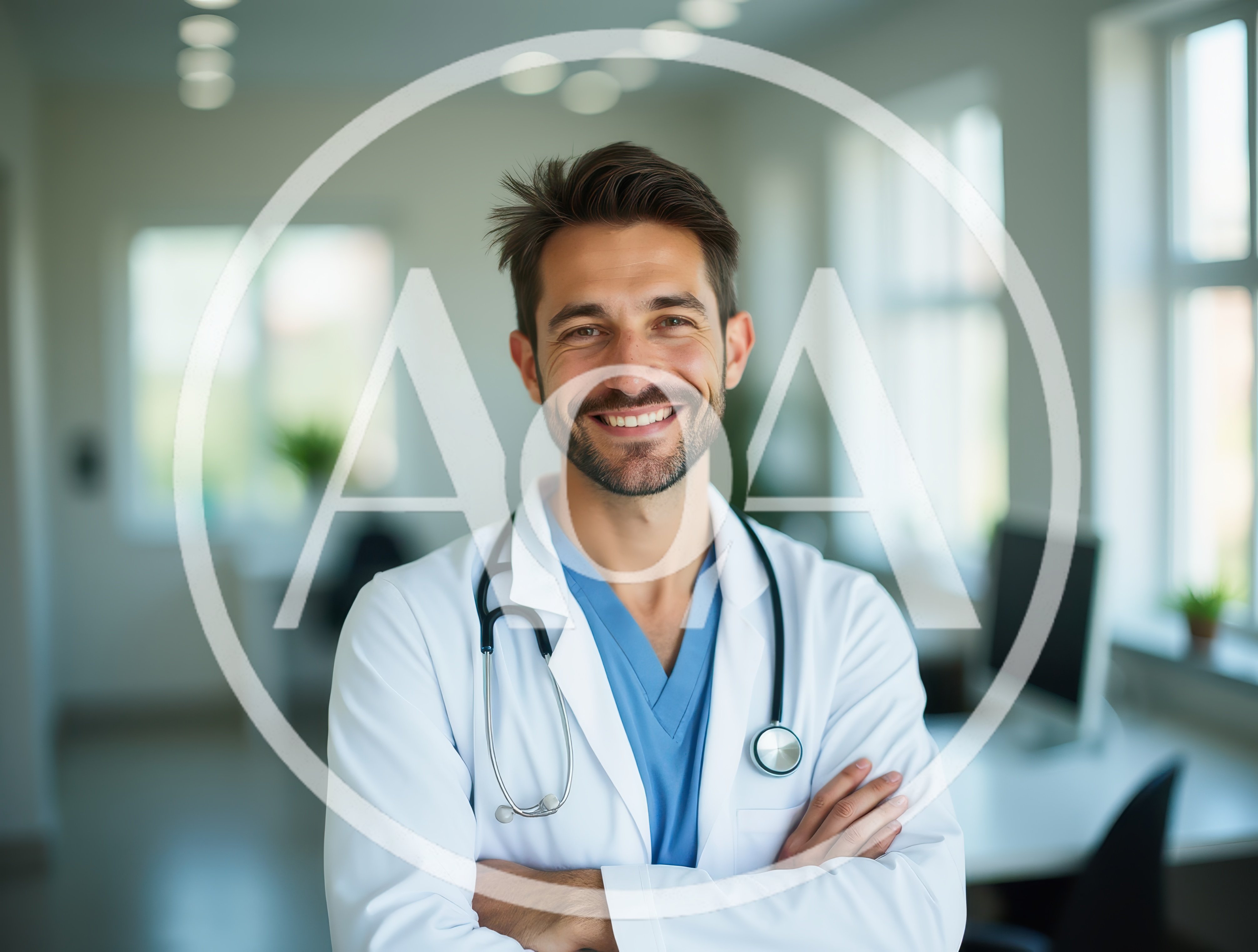 Smiling Male Doctor Standing In A Modern Medical Office